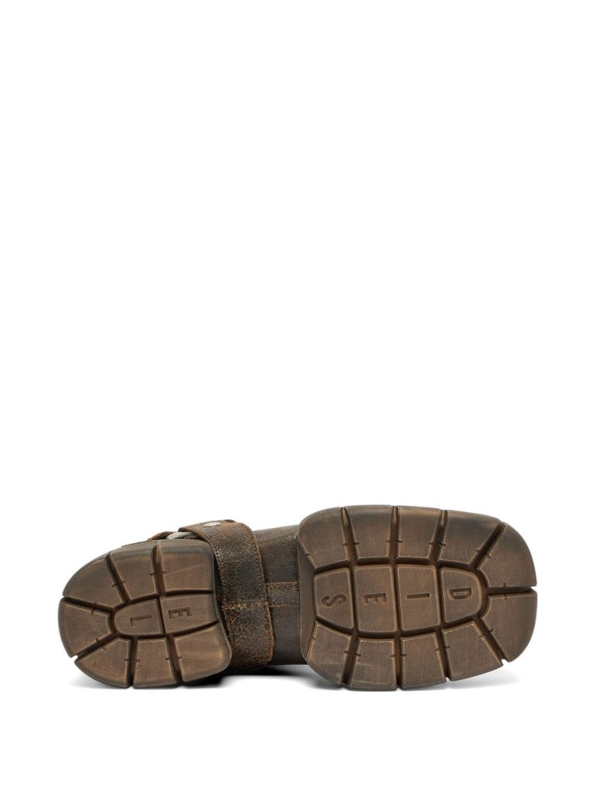 Diesel Brown Square Toe Leather Block Boots