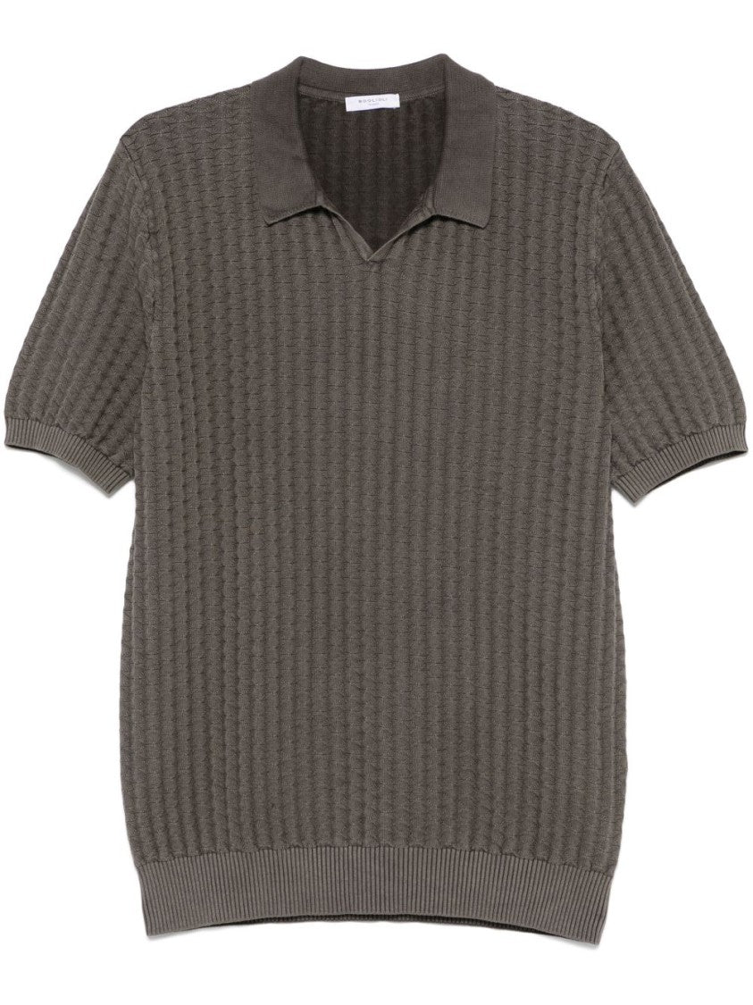 Boglioli Textured Ribbed Black T-Shirt With Classic Collar