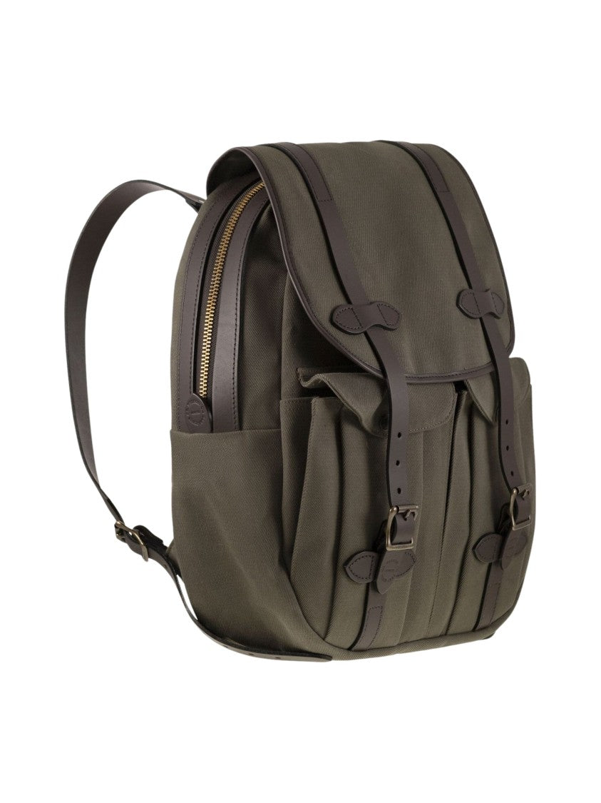 Filson Twill Fabric Backpack With Leather Accents And Functional Design
