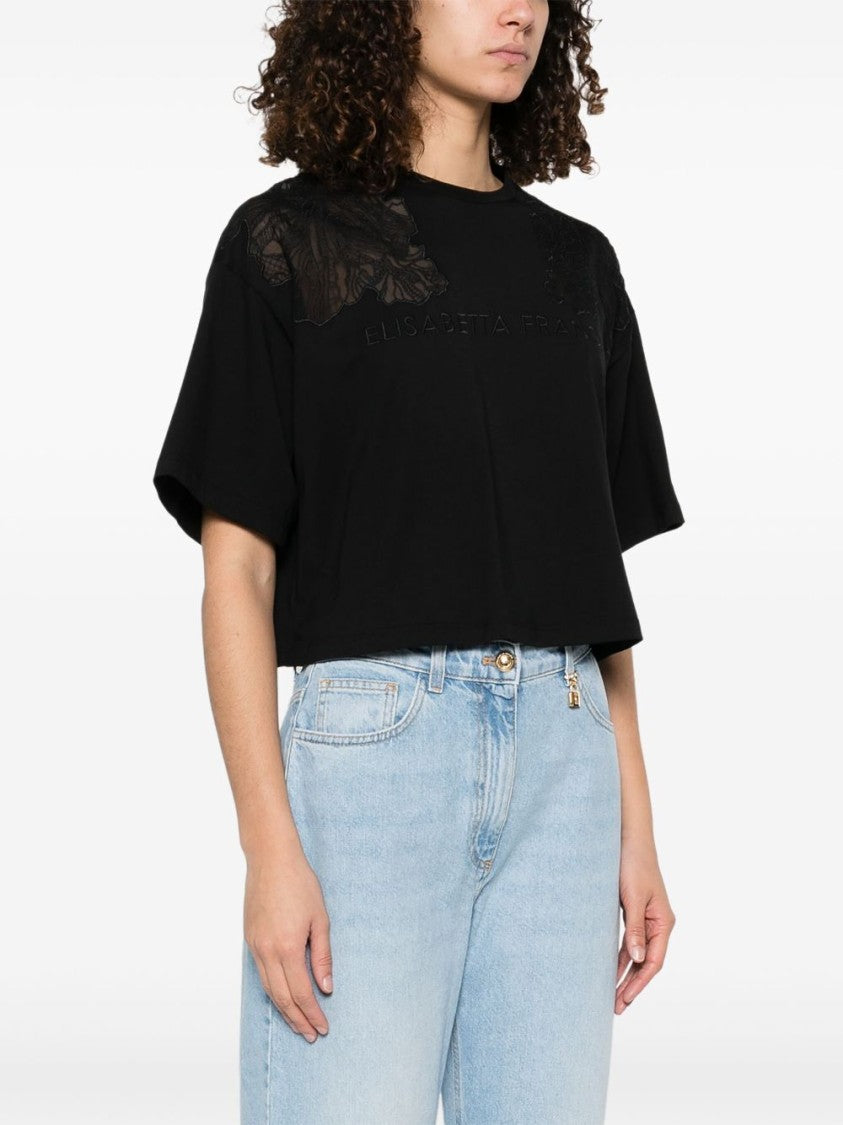 Elisabetta Franchi Cropped Black T-Shirt With Floral Embroidery