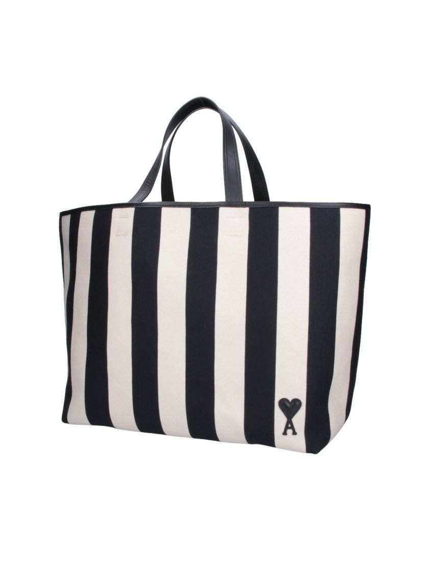 Ami Paris Multicolor Striped Cotton Leather Handle Tote