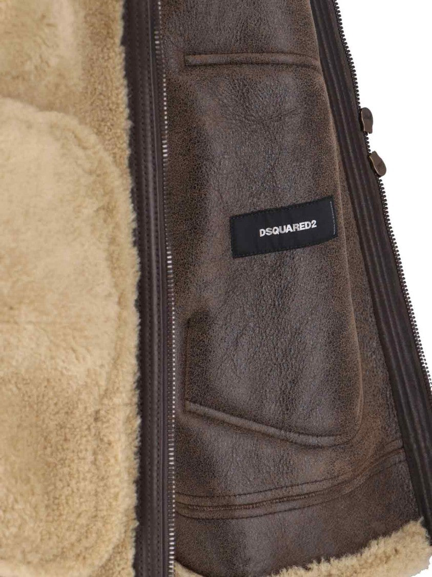 Dsquared2 Beige Shearling Jacket With High Collar