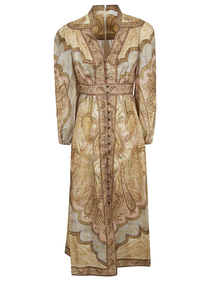 Zimmermann Wanderlust Midi Dress With Deep V-Neck And Flared Skirt