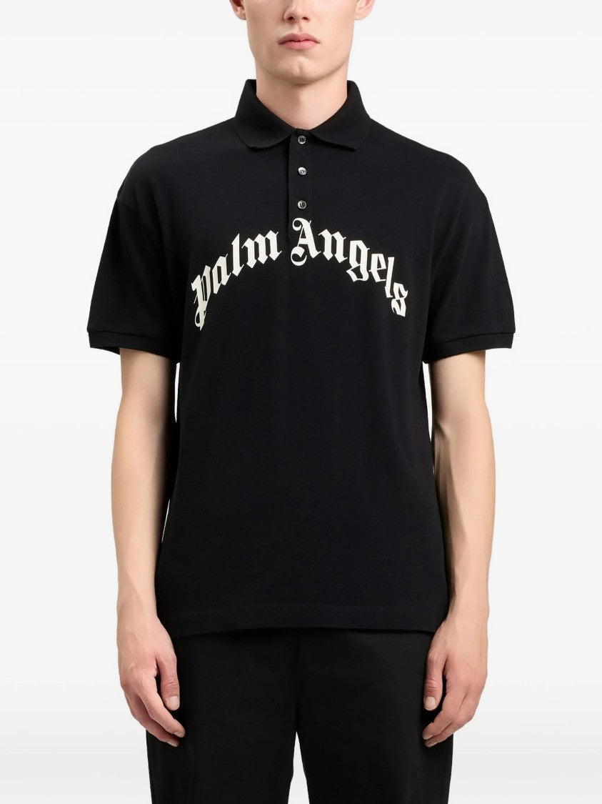 Palm Angels Black Curved Logo Polo Cotton Shirt