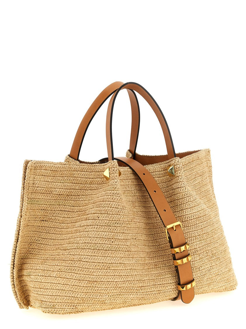 Valentino Garavani Medium Woven Raffia Shopping Bag With Leather Accents