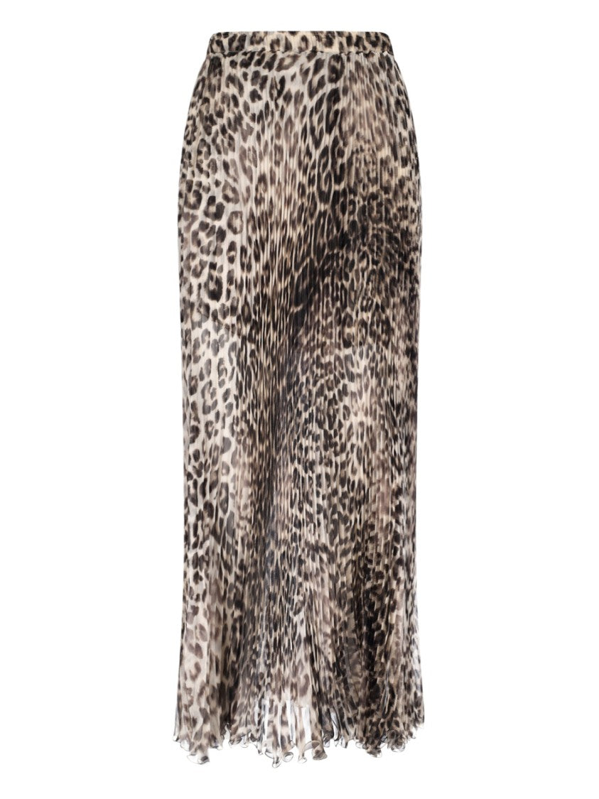 Ermanno Scervino Animalier Silk Skirt, Brown, Pleated Pattern