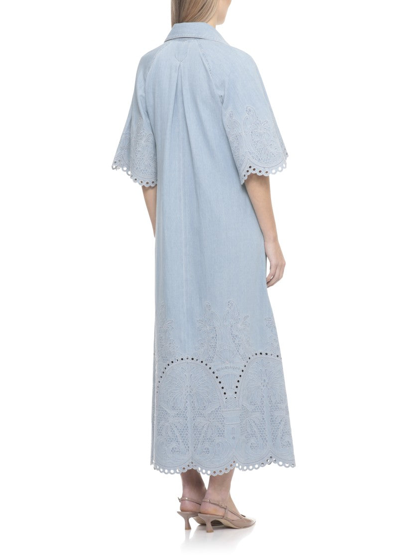 Zimmermann Light Blue Denim Midi Dress With Embroidered Details