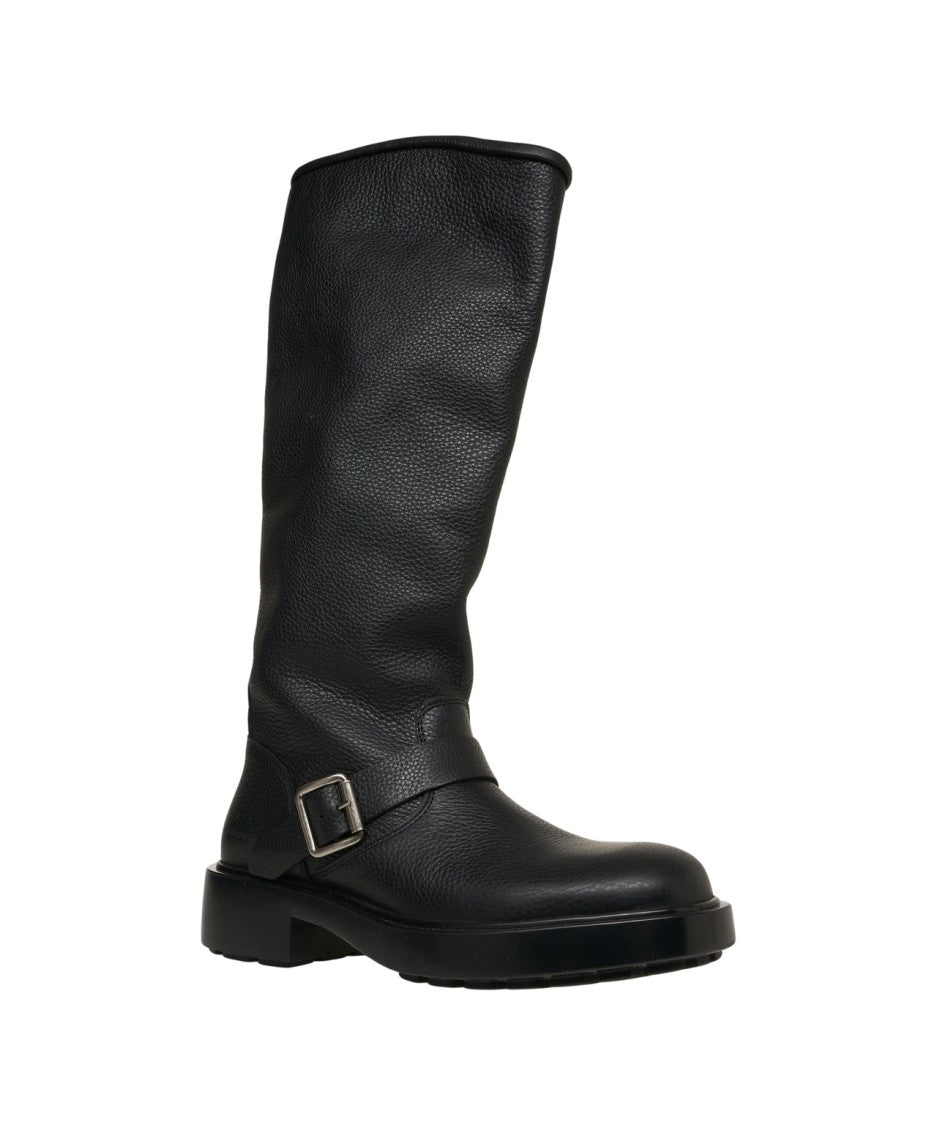 Copenaghen Textured Black Leather Biker Boots With Decorative Strap