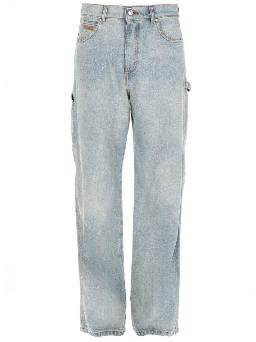 Msgm Logo Cotton Faded Straight-Leg Pants