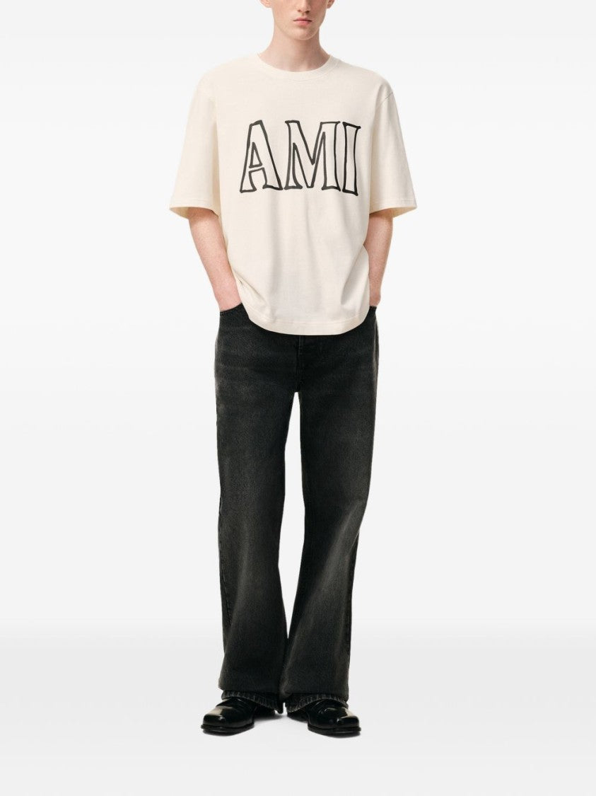 Ami Paris Cream Relaxed Fit Graphic Print T-Shirt