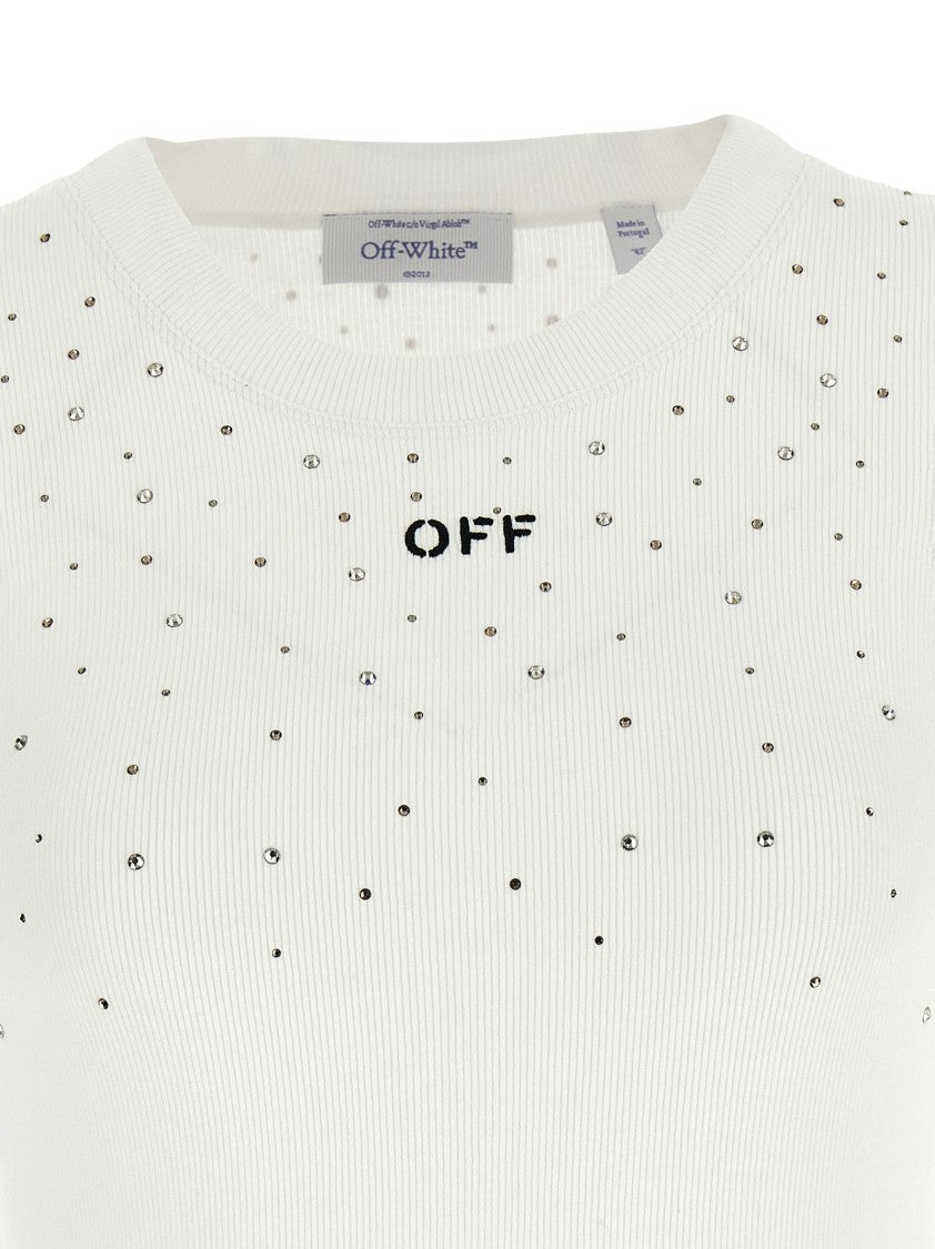 Off-White Ribbed Stretch Viscose Jersey Top With Swarovski Crystal Embellishments