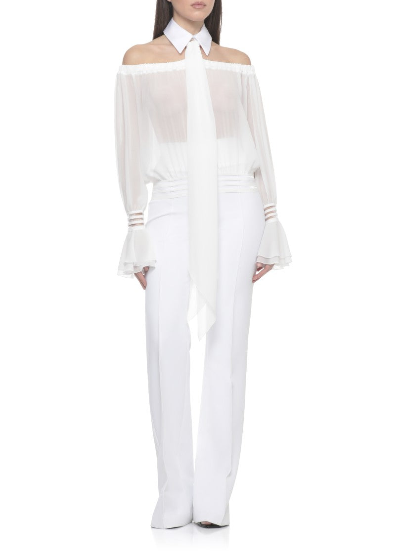 Elisabetta Franchi White Off-The-Shoulder Volant Blouse
