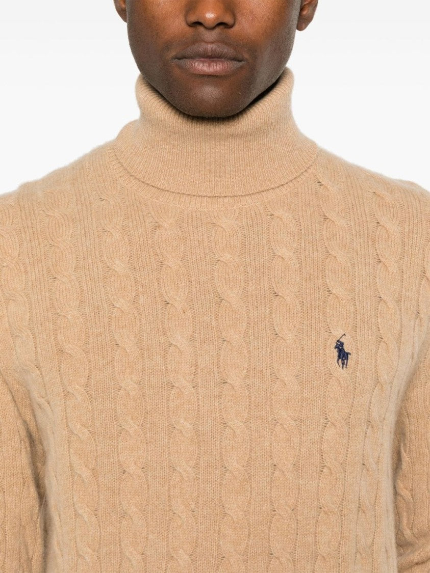 Polo Ralph Lauren Camel Cable-Knit Turtleneck Sweater With Embroidered Pony