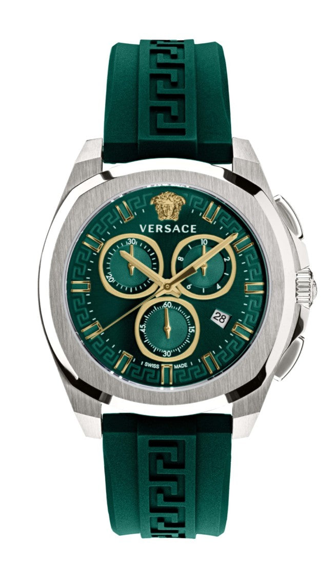 Versace Chronograph Geo Watch With Green Dial And Silicone Strap