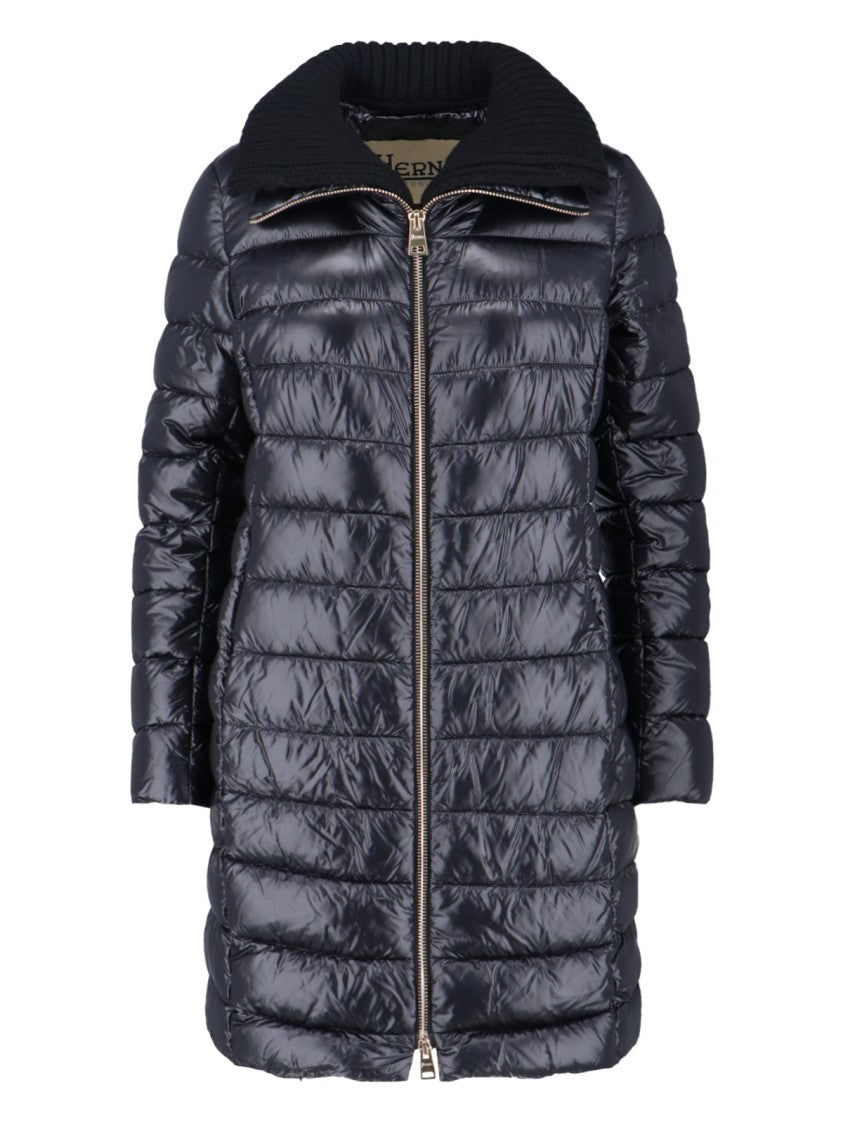 Herno Long Navy Puffer Jacket With Removable Ribbed Collar