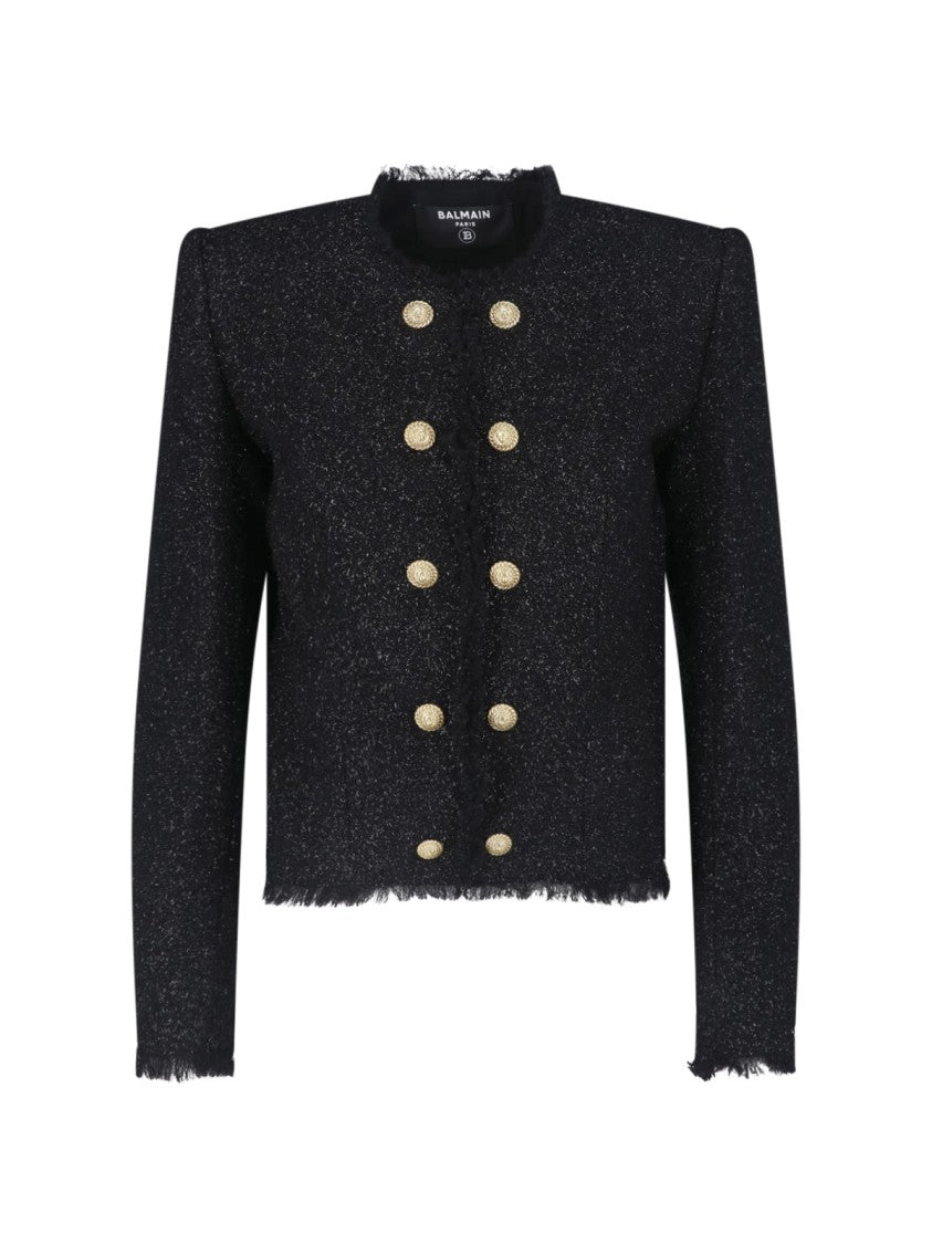 Balmain Cropped Textured Jacket With Gold Button Details