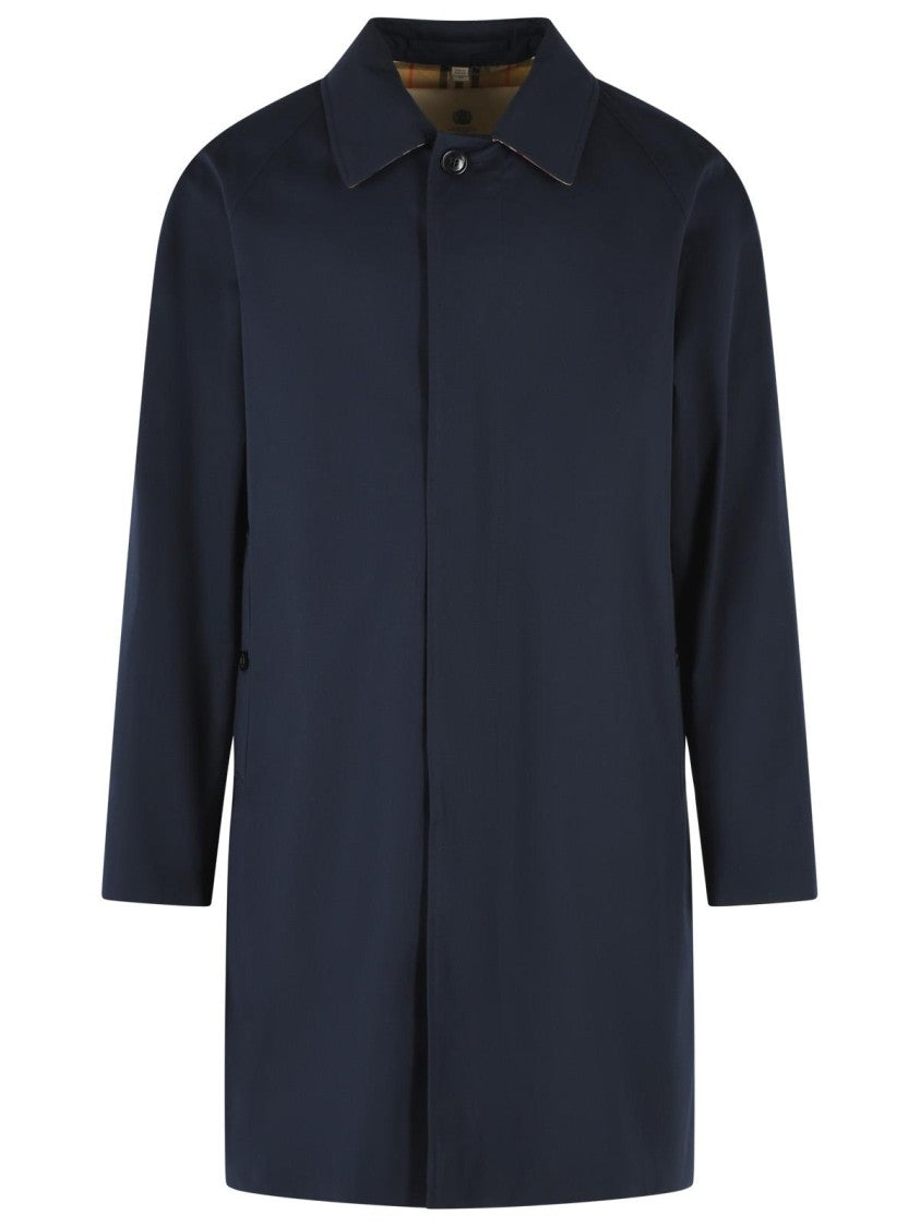 Burberry Blue Cotton Midi Trench Coat With Classic Collar