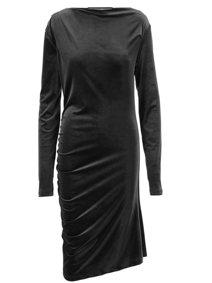 Don't @ Me Black Side Draped Technical Stretch Jersey Midi Dress