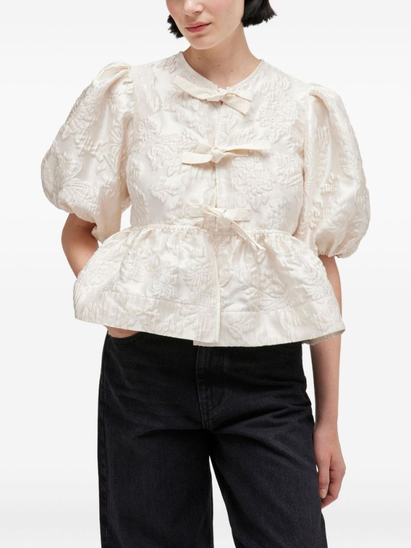 Ganni Textured Jacquard Blouse With Puff Sleeves