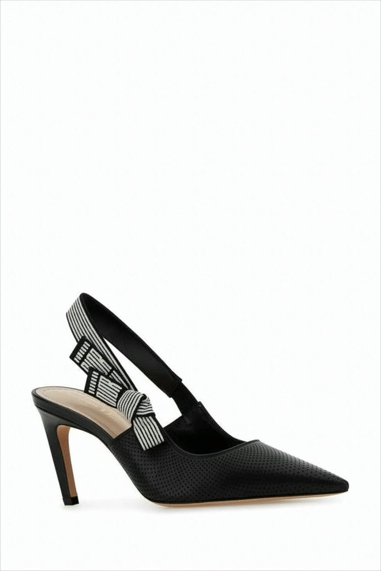 Christian Dior Perforated Leather Pumps With Striped Slingback And Bow Detail