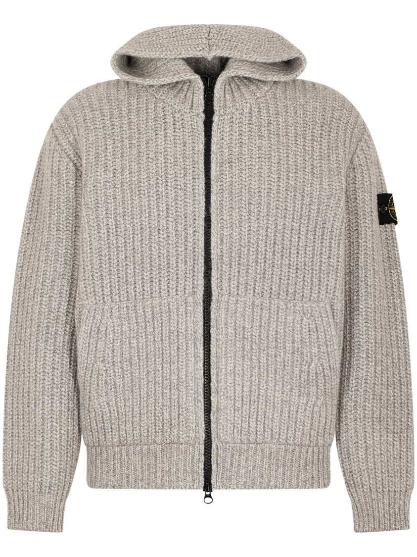 Stone Island Textured Ribbed Knit Sweater With Hood And Zip Closure