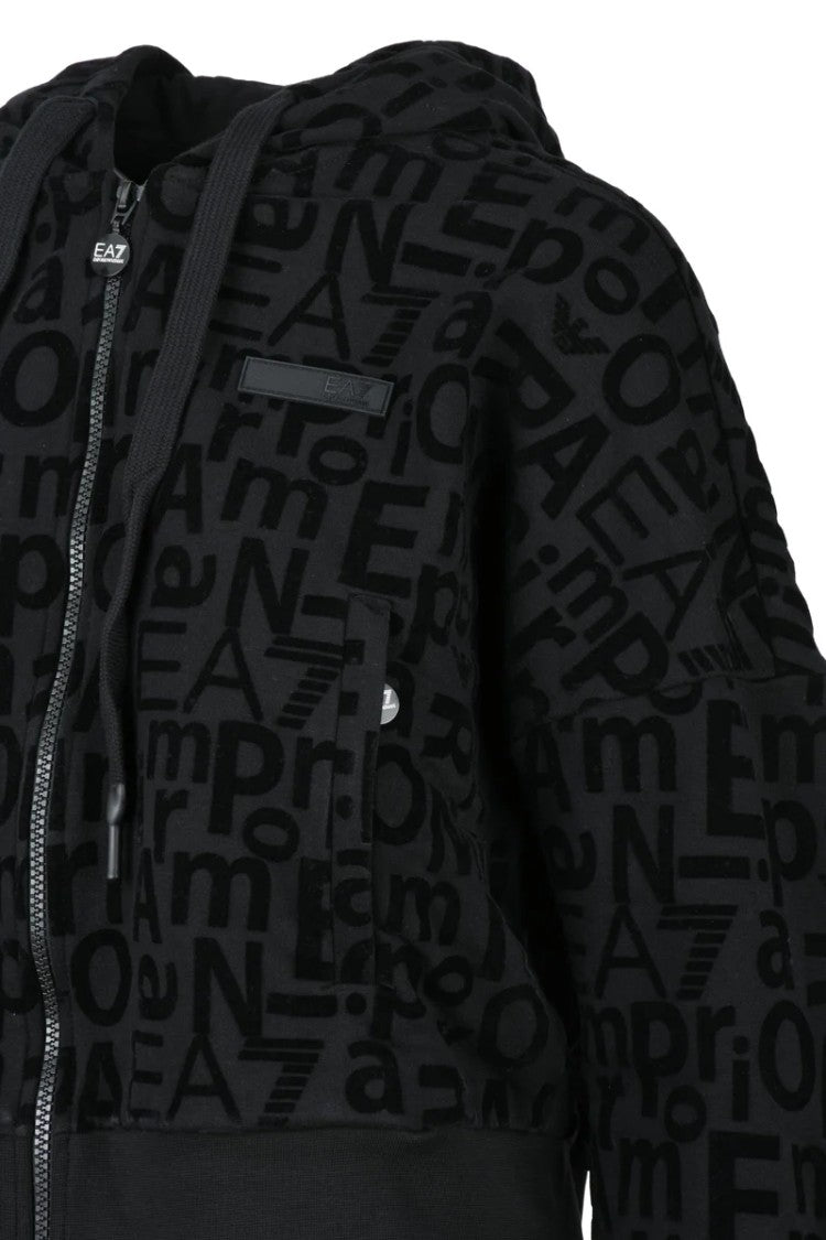 Ea7 Emporio Armani Black Velvet Hooded Sweatshirt