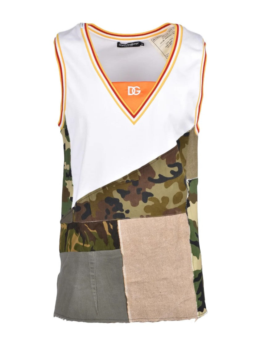 Dolce & Gabbana White/Green Patchwork V-Neck Cotton-Blend Tank Top