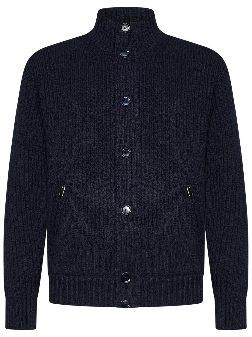 Brioni Textured Blue Blouson Jacket With Stand-Up Collar