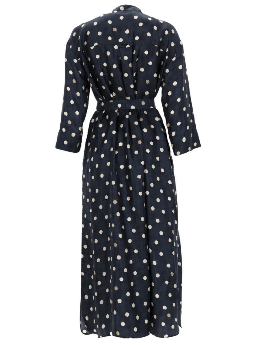 Max Mara Lever Polka Dot Shirt Collar Silk Midi Dress