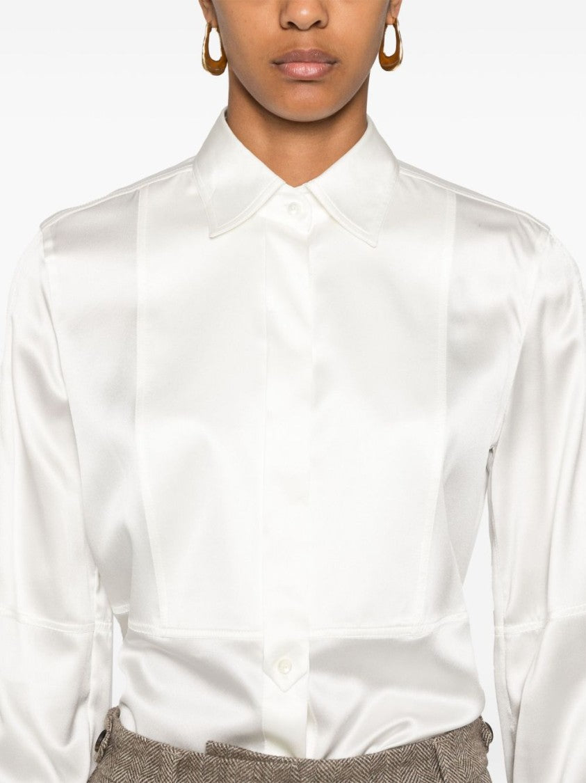 Brunello Cucinelli Satin-Finish White Shirt With Pointed Collar And Concealed Placket