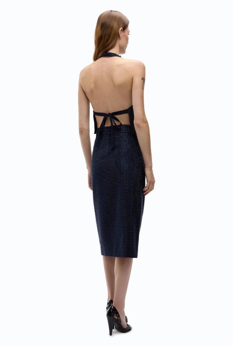 Pinko Blue Polyester-Viscose Blend Embellished Halter Top