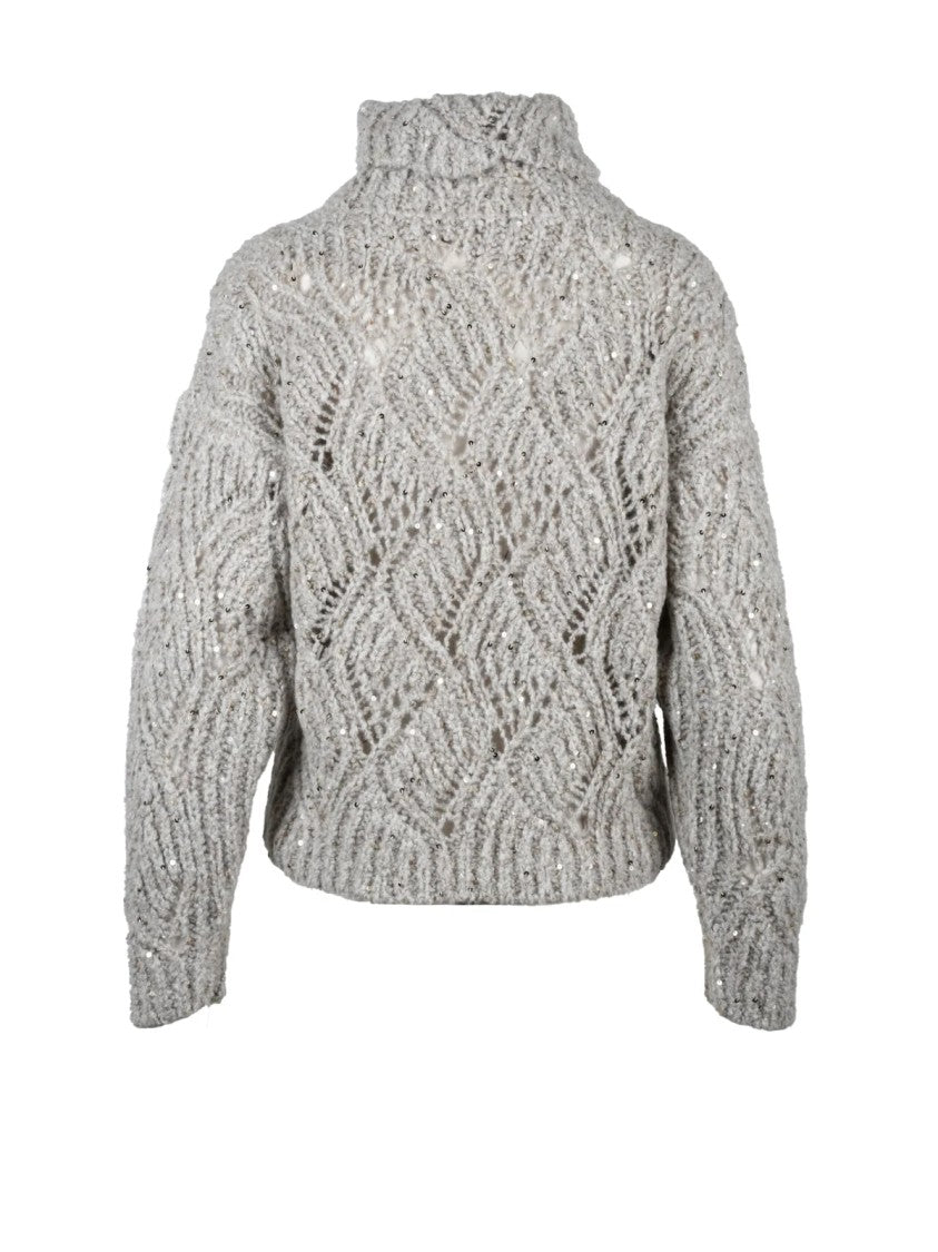 Panicale High Neck Knit Sweater With Rhinestone Accents And Textured Detail