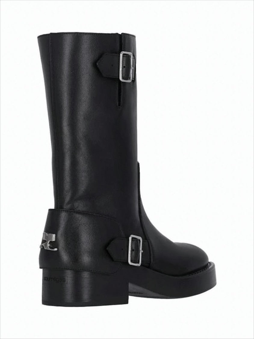 Courrèges Calf Leather Mid-Calf Boots With Adjustable Buckles