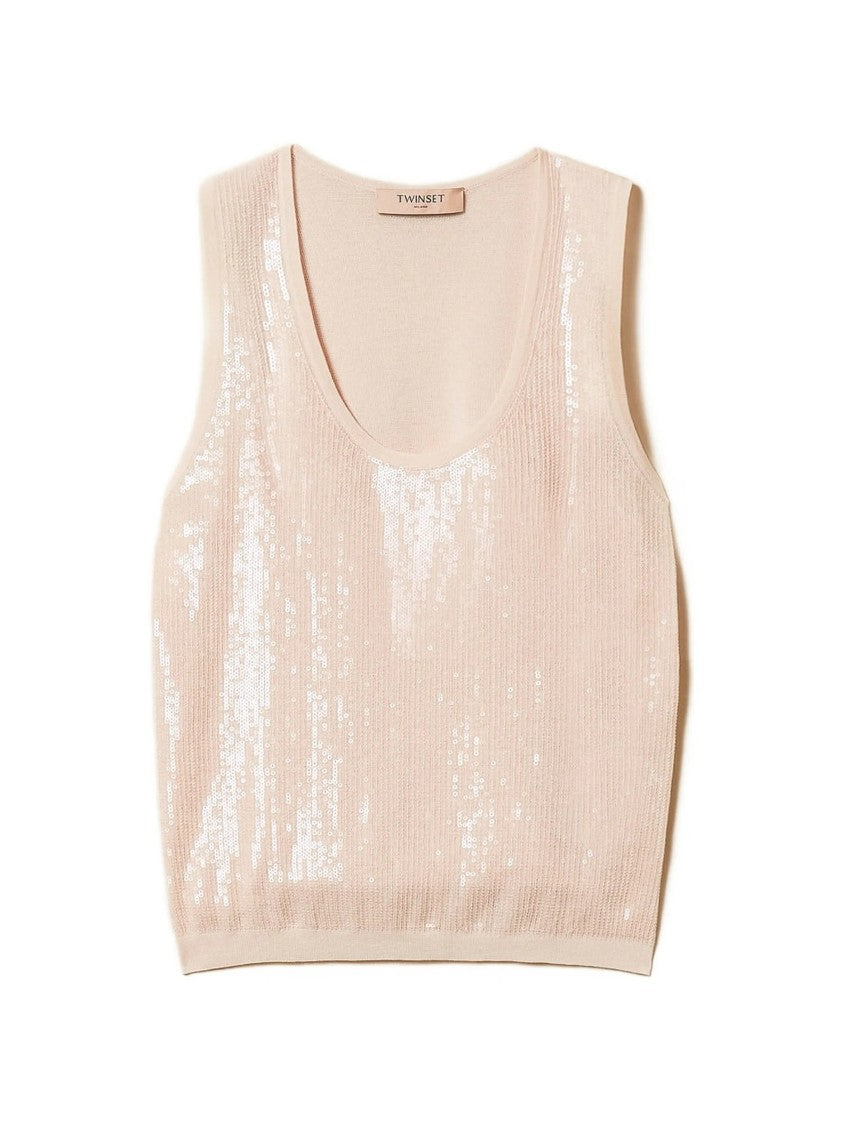 Twin-Set Neutral Top Scoop Neck Knit Top