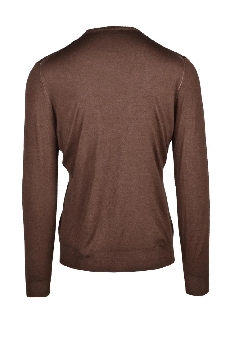 Fama Brown Crew Neck Wool Silk Men Jumper