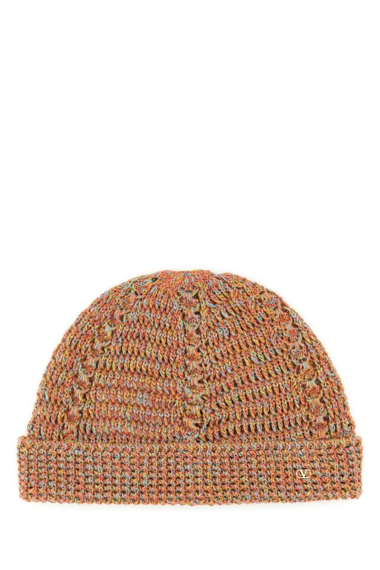 Valentino Garavani Multicolor Linen Blend Knitted Vlogo Signature Beanie Hat