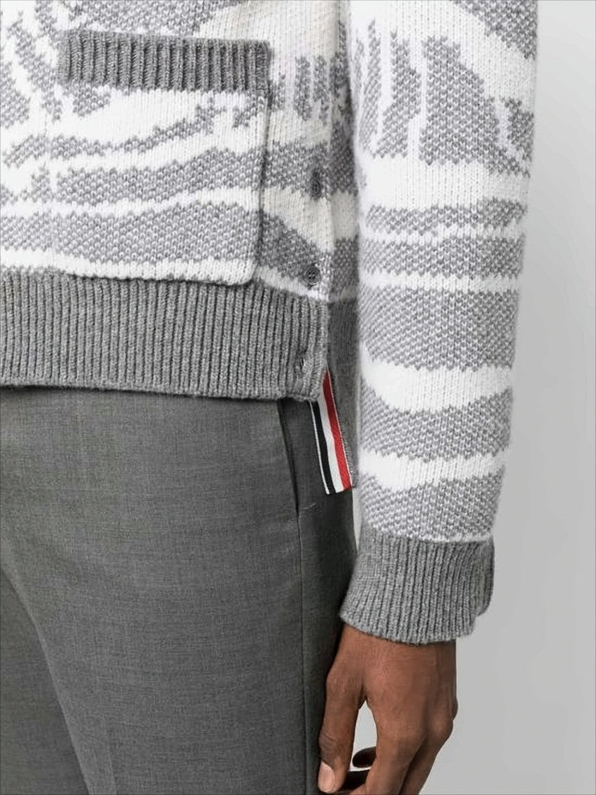 Thom Browne Textured Knit Grey Wool Cardigan With V-Neckline And Tricolor Details
