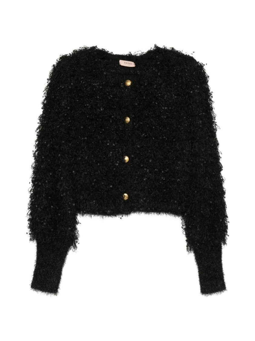 Twin-Set Cropped Textured Gold-Tone Button Accents Cardigan