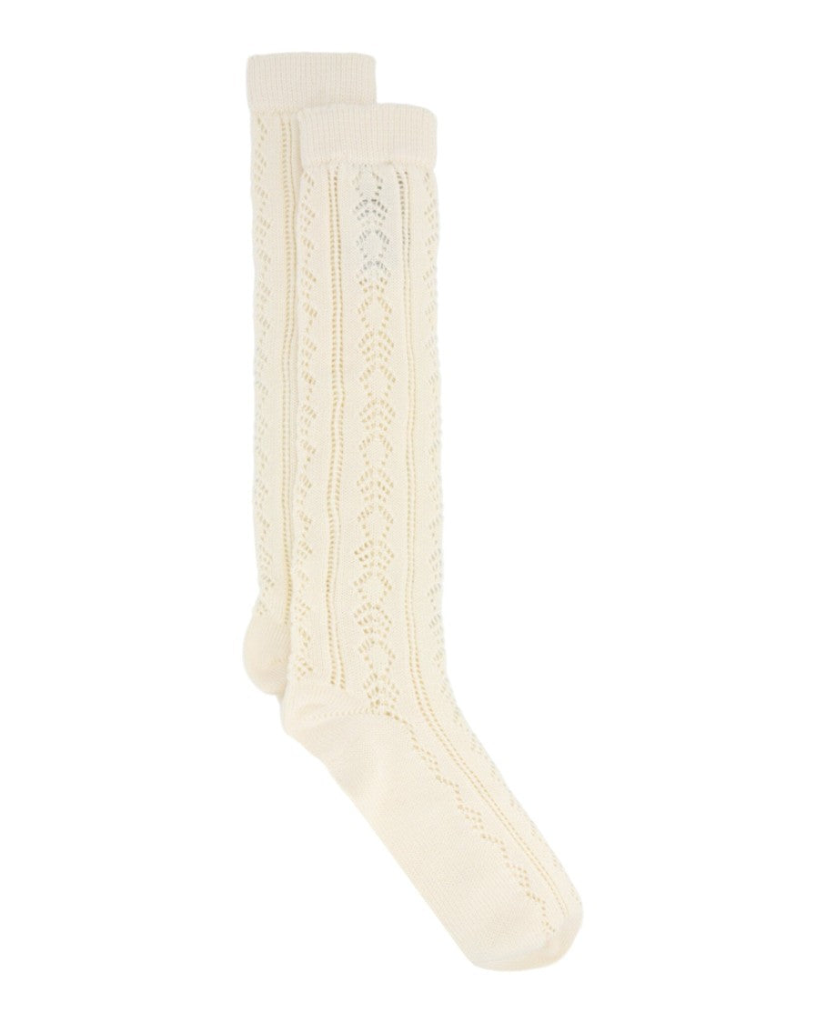 Valentino Knee-High Cotton Socks With Open Crochet-Knit Pattern And Gold Accents