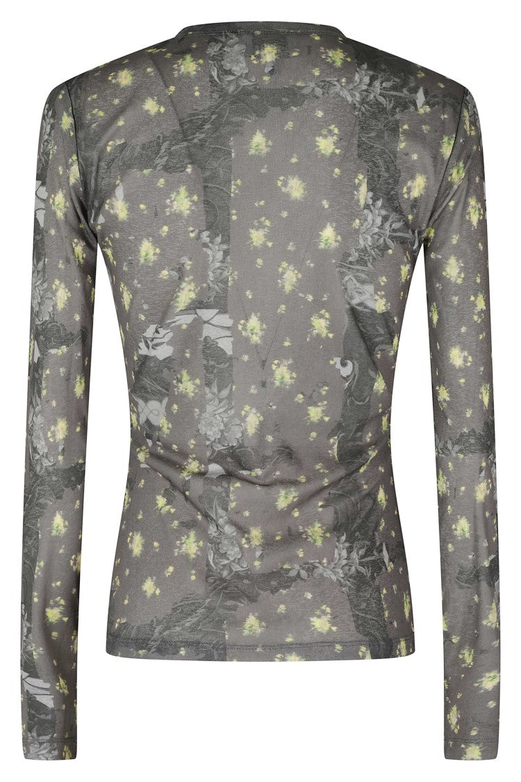 Ganni Green Printed Marl Mesh Floral Long-Sleeve Polyester T-Shirt