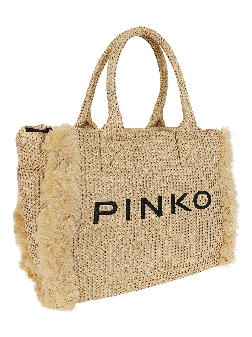 Pinko Fringed Raffia Beach Shopper With Contrasting Embroidered Logo