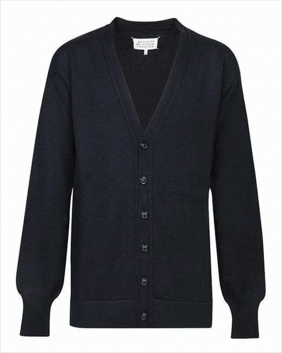 Maison Margiela Deep V-Neck Black Wool Cardigan With Button-Down Front