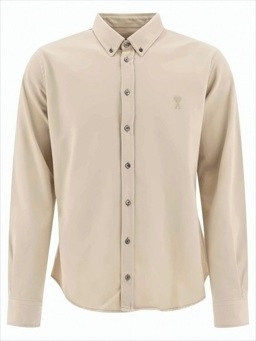 Ami Paris Long-Sleeve Button-Down Shirt With Curved Hem And Embroidered Logo