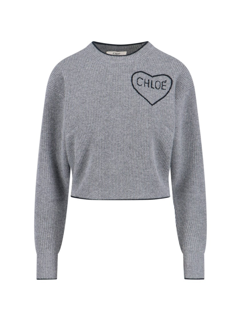 Chloé Grey Wool-Cashmere Sweater With Intarsia Heart Logo