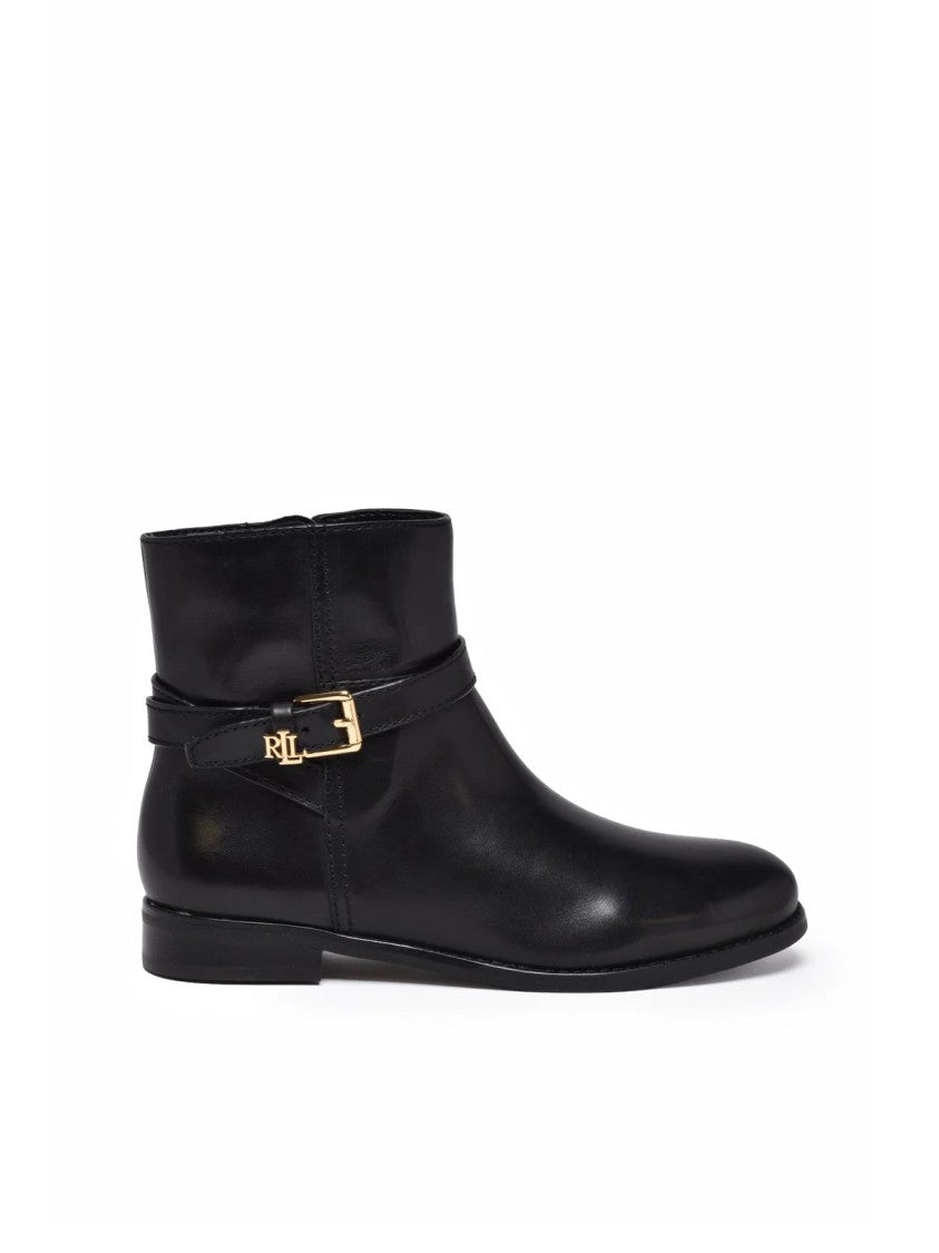 Lauren Ralph Lauren Black Smooth Leather Low Block Heel Ankle Boots