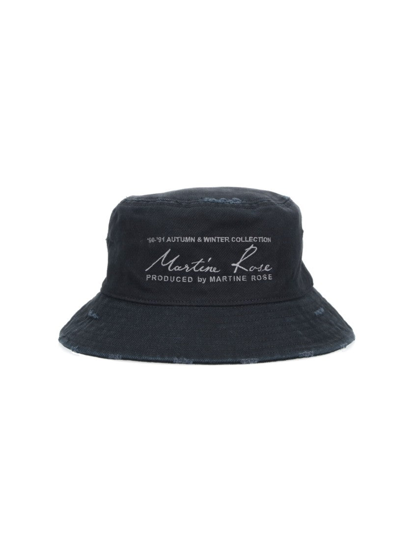 Martine Rose Black Distressed Typography Bucket Hat
