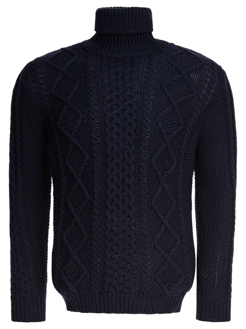 Rakki' Cable Knit Turtleneck Sweater In Black Merino Wool
