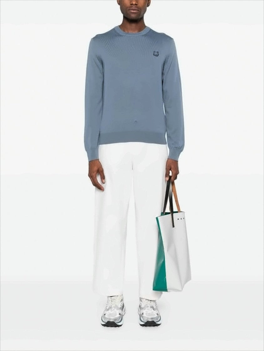 Maison Kitsuné Muted Blue Fine Wool Sweater With Embroidered Fox Emblem