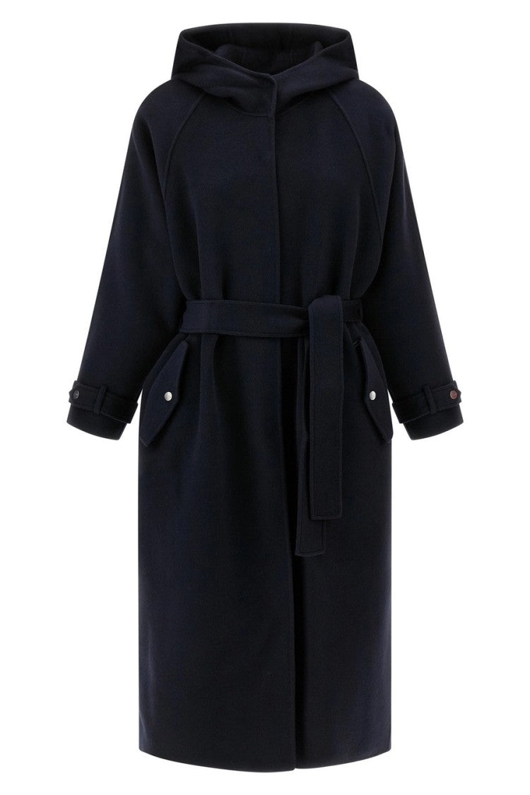 Pinko Navy Hooded Removable Tie Belt Wool-Blend Coat