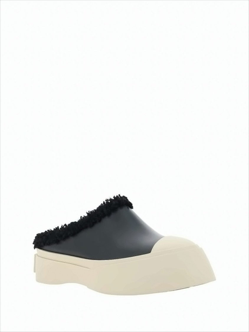 Marni Smooth Leather Mule With Textured Trim And Rubber Sole